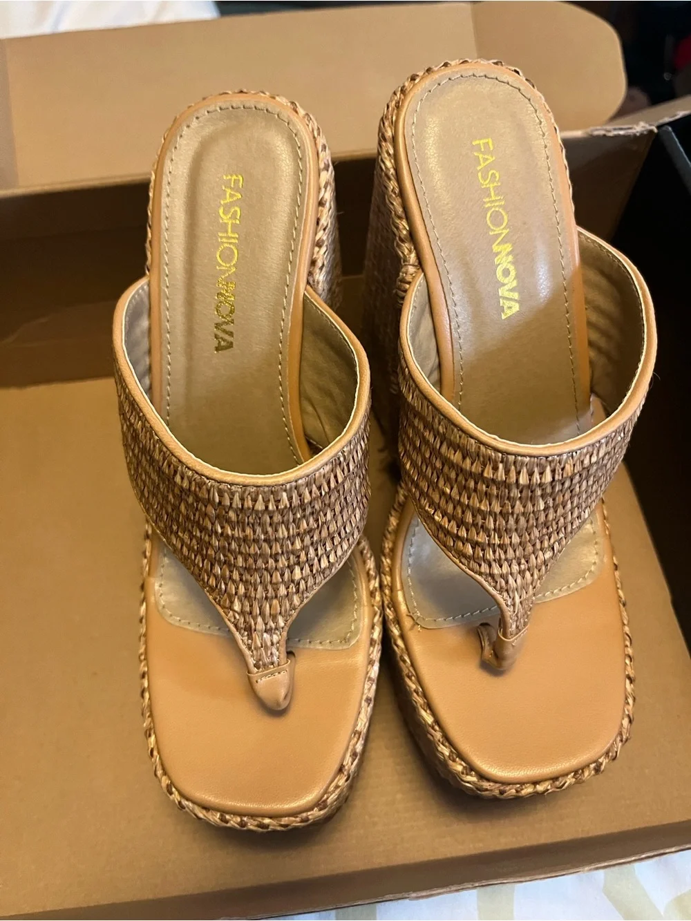 Woven Straw Platform Wedge Sandals - Tan